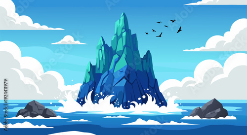 Serene Vector Illustration of Majestic Iceberg with Ocean, Sky, Birds, and Rocks in Peaceful Landscape