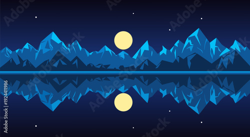 Tranquil Night Mountain Sky Reflection Vector Illustration with Reflective Lake, Stars, and Yellow Moon