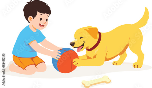 Happy little boy playing ball with golden retriever dog, childhood pet friendship and active lifestyle concept, flat vector illustration