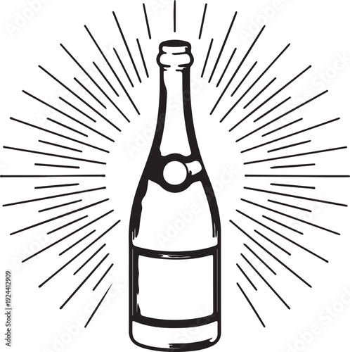 A classic outline illustration of a sparkling champagne bottle with radiating lines signifying celebration
