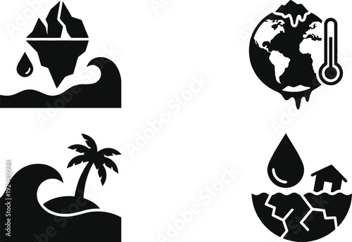 Climate change icons showing melting ice and rising sea levels