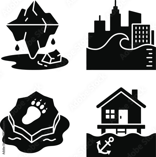 Climate change icons showing melting ice and rising sea levels