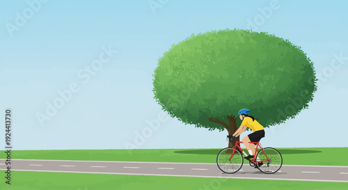 Woman riding a road bicycle on a paved path in a green park with a large tree.