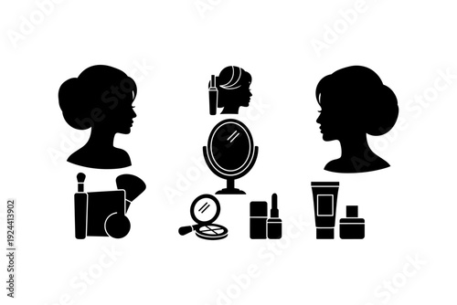Collection of beauty and cosmetic icons with female silhouettes and makeup products