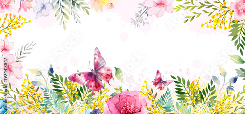 Horizontal long floral spring frame with mimosa . Hand drawn. Not AI, vector illustration