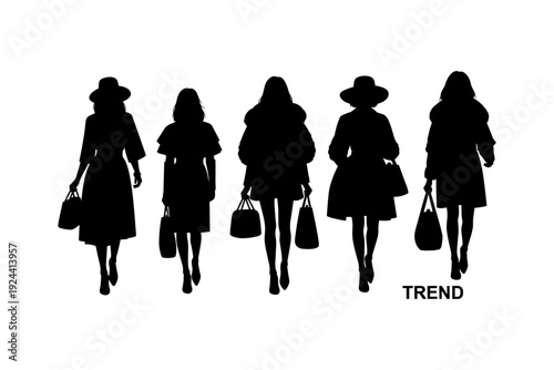 Five fashionable women silhouettes walking with handbags, showcasing different styles and trends