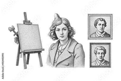 Vintage artist with easel and portraits, stippled illustration from the 19th century