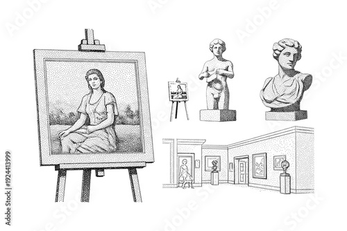 Collection of classical art elements including paintings, sculptures, and museum interior