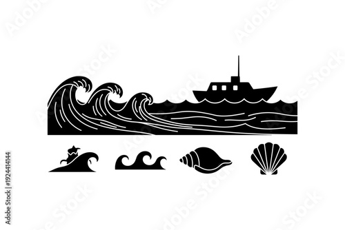 Stylized black and white graphic of a boat on waves with seashells and smaller waves below