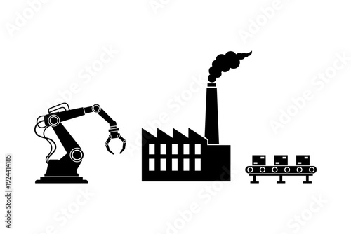 Industrial automation with robotic arm, factory, and conveyor belt with boxes