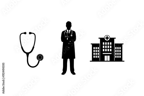 Doctor, Stethoscope, and Hospital Building Icons Representing Healthcare and Medical Services