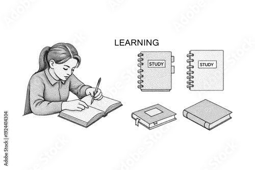 Young student diligently writing in an open book surrounded by study materials