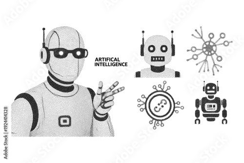 Artificial intelligence concept with robots and network symbols in a dotted style