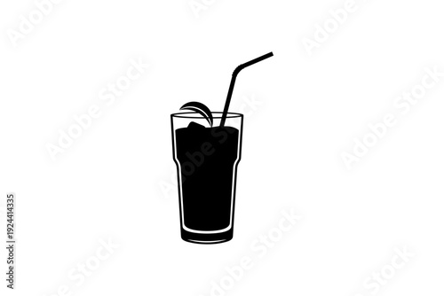 Black silhouette of a tall glass filled with ice and a dark beverage with a straw and garnish