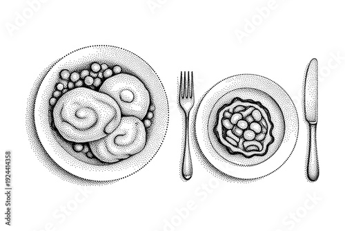Stippled illustration of a traditional breakfast with baked beans and rolls served with cutlery