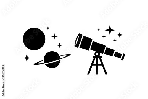 Telescope observing planets and stars in outer space, a simple black and white illustration