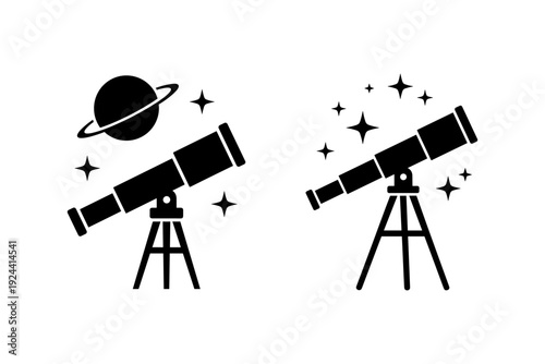Two black silhouette telescopes on tripods, one observing a planet and stars, the other observing stars