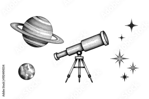 Telescope observing a ringed planet and stars in the vastness of space