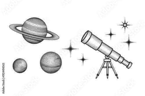 Stippled illustration of planets and a telescope with stars in a cosmic scene