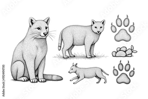 Collection of dot art illustrations featuring canids and their paw prints on a white background