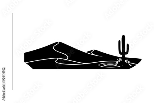 Minimalist black and white desert landscape with cactus and dunes