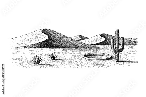 Stippled desert landscape with sand dunes, cactus, and a small waterhole