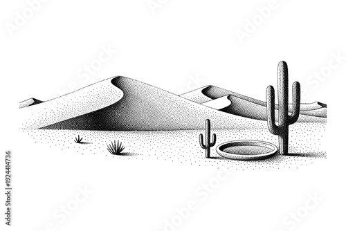 Stylized black and white desert landscape with sand dunes and cacti