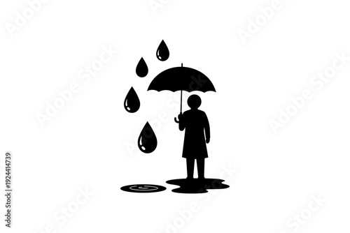 Silhouette of a person holding an umbrella in the rain with puddles and raindrops