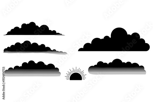 Collection of black cloud silhouettes and a sunburst graphic on a white background