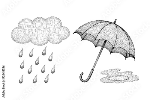 Stylized dot art illustration of a rain cloud with falling raindrops and an umbrella with a puddle