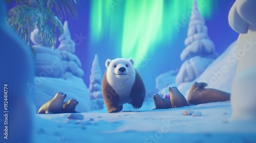 A cartoon bear is walking through a snowy forest with other animals. The bear is the main focus of the image, and the other animals are scattered around it. Scene is lighthearted and playful