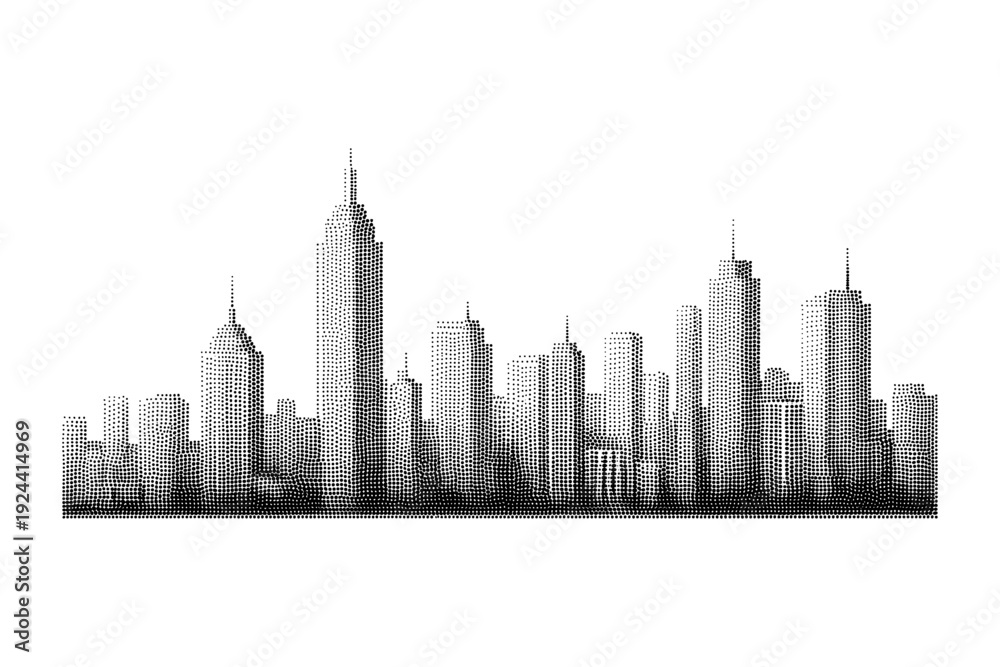 Obraz premium Monochromatic dot art cityscape with diverse skyscrapers and architectural variety