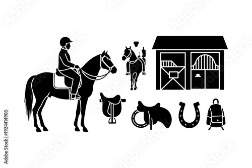 Equestrian lifestyle elements including horses, rider, stable, saddles, horseshoe, and backpack