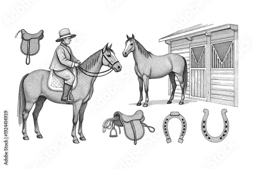 Vintage illustration of a rider on horseback with stable and equestrian gear