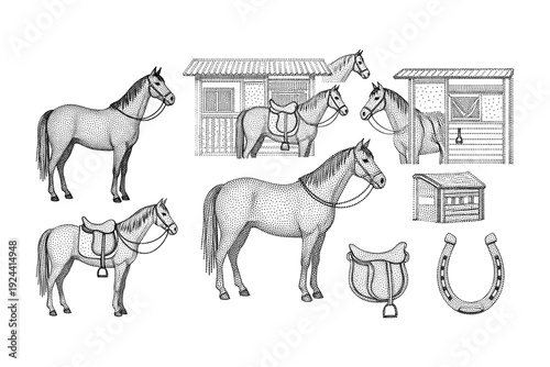 Vintage horse illustrations with stables, saddles, and horseshoe in a dot art style