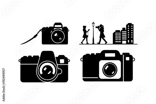 Collection of black and white silhouette icons representing cameras and photography