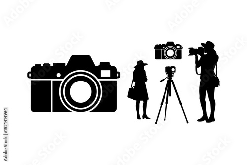 Silhouettes of photographers and cameras, symbolizing the art and technology of photography