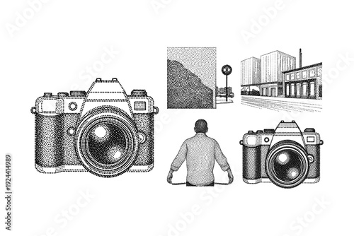 Vintage camera illustration with urban scene and person holding strap