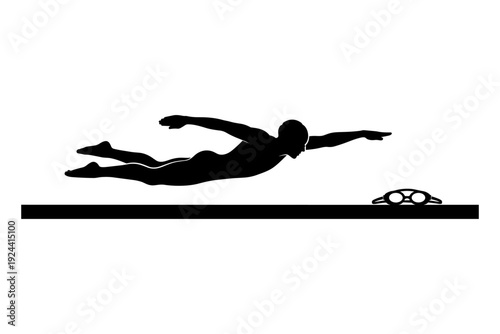 Silhouette of a swimmer in butterfly stroke with goggles on the pool edge