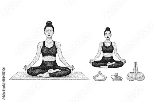 Two women in lotus pose meditating on yoga mats with meditation props nearby