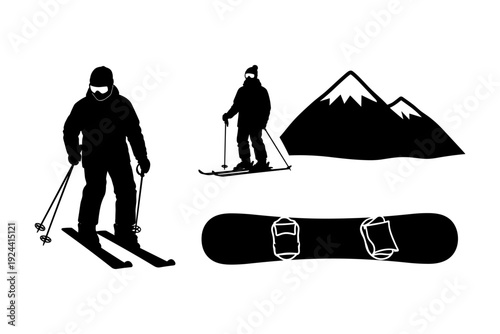 Silhouette collection of winter sports equipment and activities on a white background