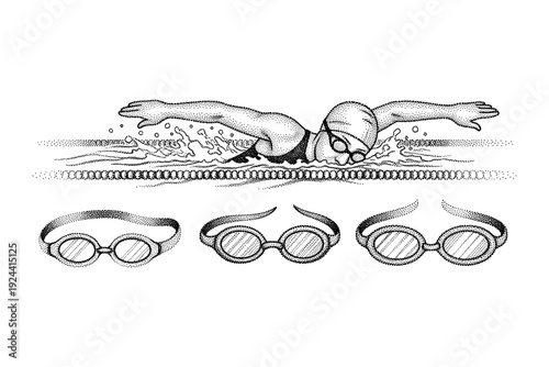 Woman swimming butterfly stroke in pool with lane lines and goggles displayed below