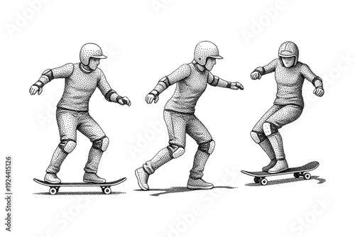 Three skateboarders in protective gear performing tricks in a sequence, stippled illustration