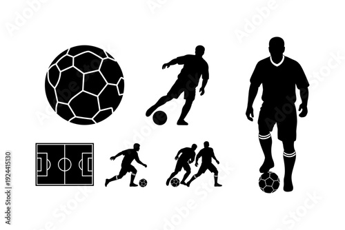 Collection of black soccer player silhouettes and a soccer field icon
