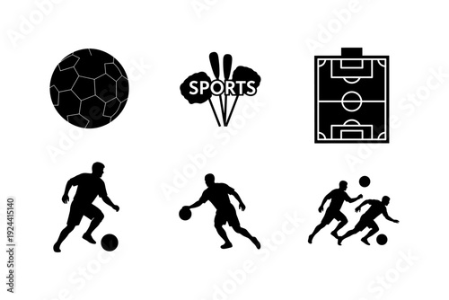 Collection of black and white sports icons including soccer ball, field, and players