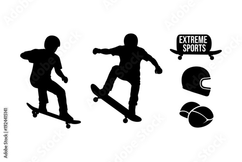 Silhouette of skateboarders performing tricks with extreme sports icons and protective gear