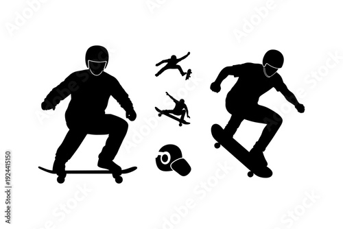 Diverse skateboarder silhouettes performing tricks and jumps on white background