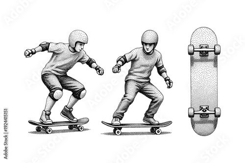 Two boys skateboarding and a skateboard illustration in stippling technique