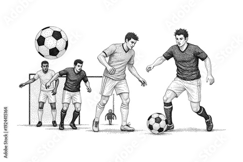 Dynamic illustration of soccer players in action, dribbling and defending on a field