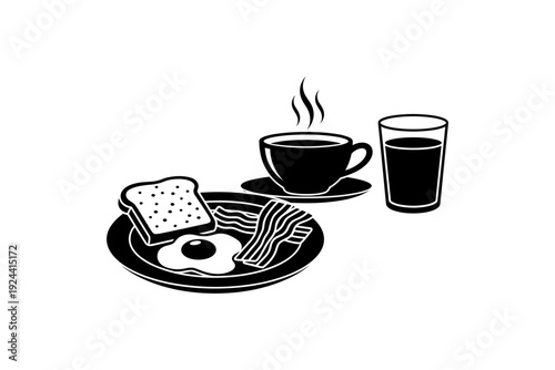 Classic breakfast plate with fried egg, bacon, toast, coffee, and juice